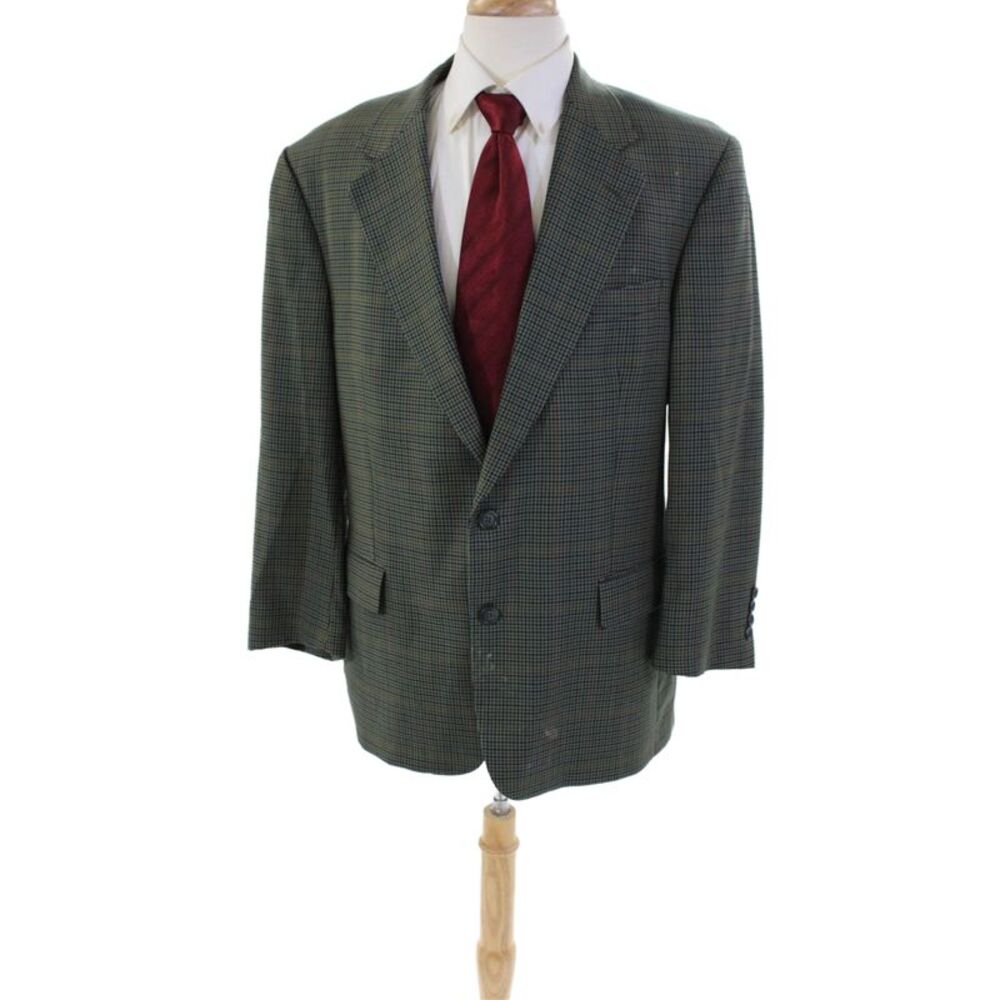 Gorsart Mens Two Button Notched Lapel Plaid Blazer Jacket Green Wool Size 42R